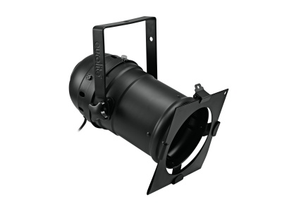 Projetor de luz teatral preto com suporte ajustável e viseira com quatro abas