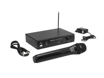 Sistema de microfone sem fios preto com microfone, receptor com antena e cabos