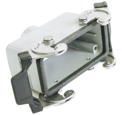 Conector industrial retangular cinza com fechos metálicos