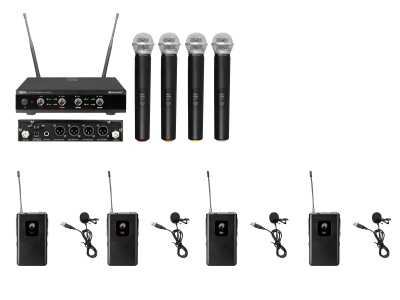 Conjunto de microfones sem fios preto com antenas e microfones de mão e lapela coloridos