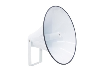 Coluna sonora branca com bocal em forma de cone e suporte metálico