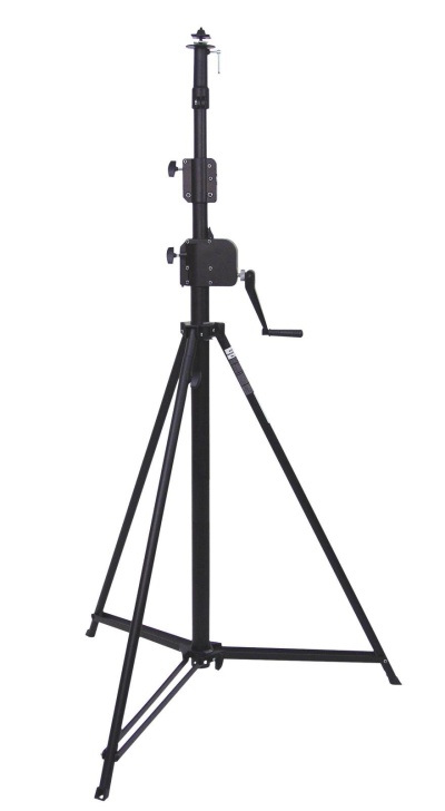 Cavalete de suporte tripé preto ajustável com manivela lateral em fundo branco