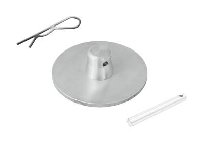 Conjunto metálico prateado com chapa circular, parafuso e clipe sobre fundo branco