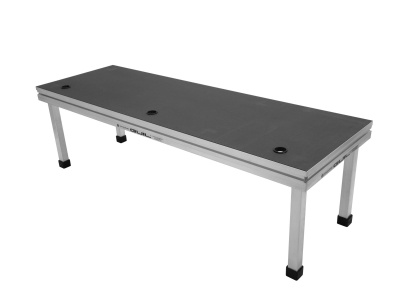 Banco rectangular com tampo preto e pernas metálicas prateadas