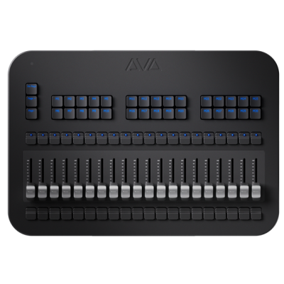 Mesa de controlo AVA preta com botões e faders