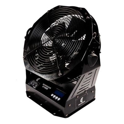 Ventoinha industrial preta com grelha frontal de metal e base com controlo digital