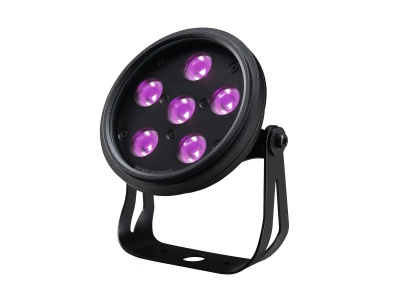 Foco LED preto com seis lâmpadas roxas e suporte ajustável