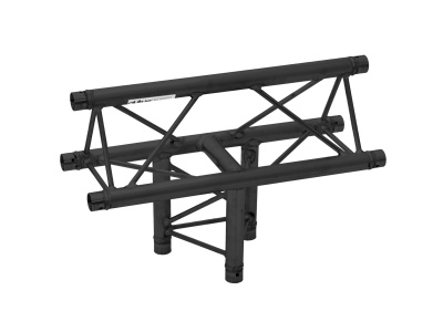 Estrutura metálica preta em forma triangular com tubos e barras diagonais