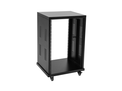 Móvel preto para equipamento com rodízios e ventilação lateral