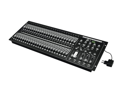 Consola de iluminação preta com botões deslizantes prateados e botões