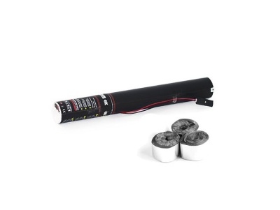 Isqueiro preto com rótulo e três rolos de papel prateado