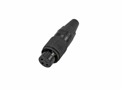 Conector XLR preto de 3 pinos em fundo branco