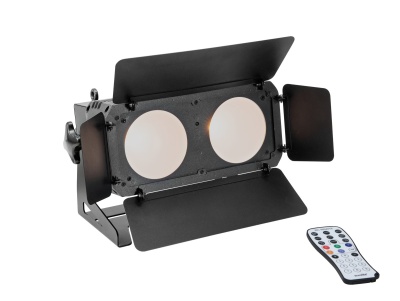 Refletor de luz LED preto com quatro abas e controlo remoto