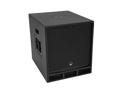 Coluna de som ou subwoofer preto com grelha frontal