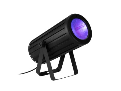 Projetor cilíndrico preto com luz violeta em fundo branco