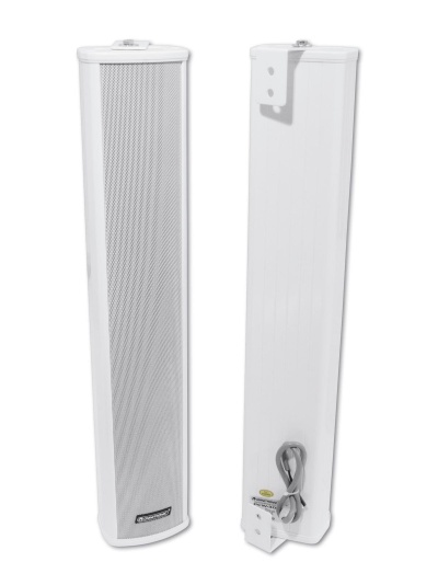 Colunas de som brancas metálicas com grelha frontal em malha