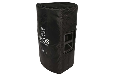 Capa preta para coluna de som com alças e texto IHOS NETWORK AUDIO IDS 12