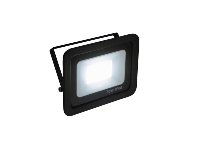 Projetor LED preto retangular com vidro translúcido e inscrição '30W IP66'