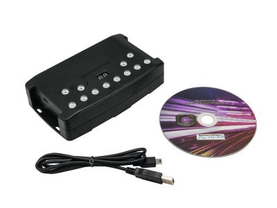 Dispositivo eletrônico preto, cabo USB e CD junto