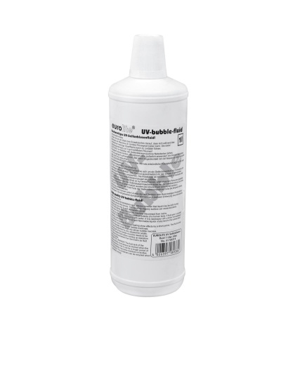 Frasco branco de plástico com líquido UV bubble fluid e rótulo impresso