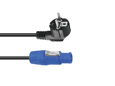 Cabo com ficha Schuko preta e conector Speakon azul em fundo branco