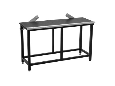 Bancada de trabalho metálica preta com tampo escuro e dois suportes inclinados