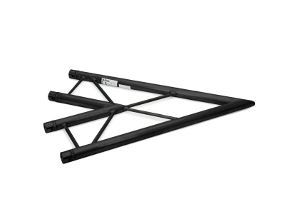 Estrutura triangular metálica preta com tubos cilíndricos sobre fundo branco.