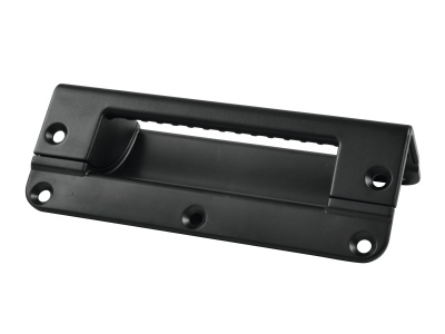 Puxador de plástico preto com alça integrada e quatro furos para fixação