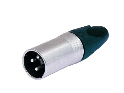 Conector XLR 3 pinos prateado com corpo preto e verde escuro