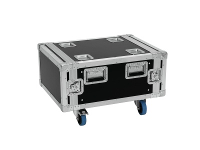 Caixa de transporte preta com rodízios azuis e cantos metálicos