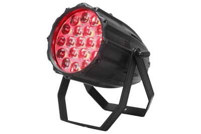 Luz de palco LED preta com lentes vermelhas em suporte metal