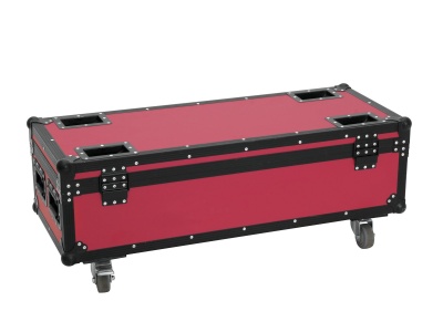 Mala de transporte vermelha com reforços pretos e rodas