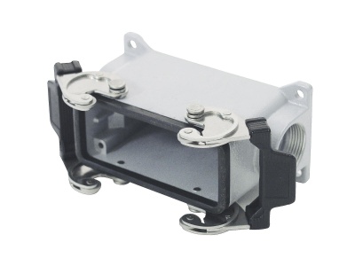 Conector industrial metálico cinzento com ganchos e presilhas negras