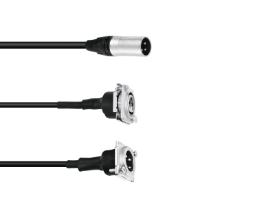 Três cabos com conectores de metal prateado em fundo branco