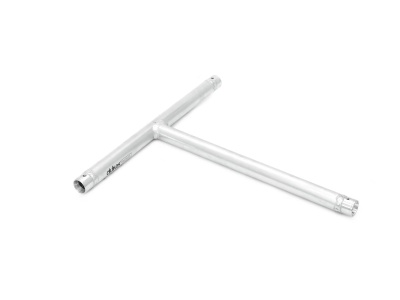 Chave tipo T metálica prateada com inscrição preta 'a vus'