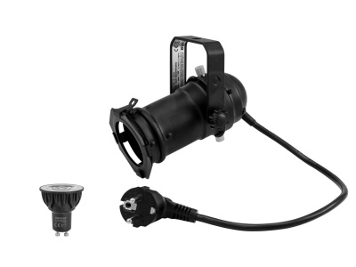 Refletor LED preto com cabo e lâmpada GU10 em fundo branco