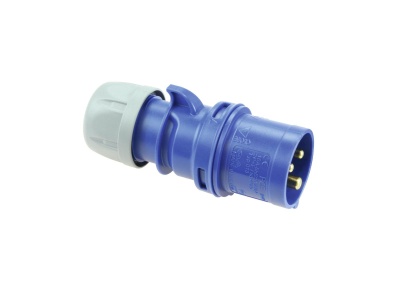 conector elétrico azul com tampa cinzenta em fundo branco