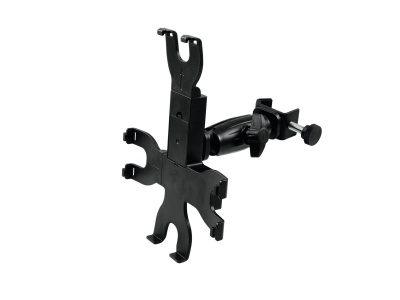 Suporte de mesa preto em plástico rígido com vários encaixes e parafusos de ajuste