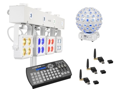Equipamentos de iluminação LED e controlador com transmissores wireless em fundo branco