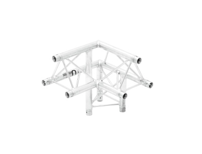 Estrutura metálica triangular prateada com múltiplas conexões