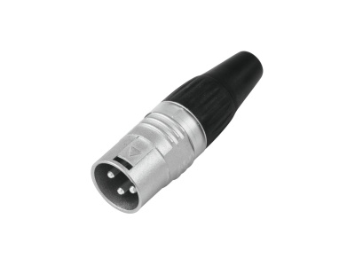 Conector XLR macho metálico prateado com pinos e extremidade preta