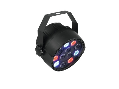 Refletor LED redondo com várias luzes coloridas e suporte preto