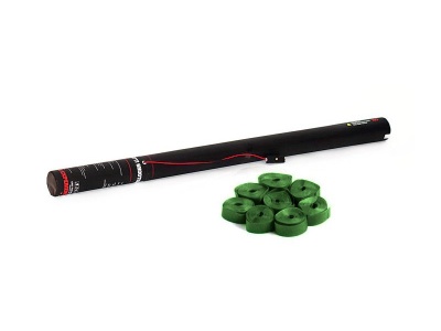 Tubo preto cilíndrico com detalhes e nove rolos verdes pequenos em superfície branca