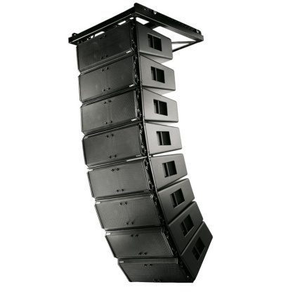 Coluna de som preta profissional suspensa em suporte metálico