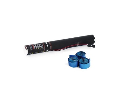 Lança-confetes preto com três rolos de confetes azuis