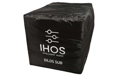 Capa preta para subwoofer com texto branco IHOS INTELLIGENT AUDIO DILOS SUB