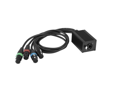 Cabo de áudio com quatro conectores XLR coloridos ligados a um adaptador preto