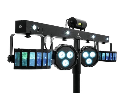 Equipamento de iluminação LED para eventos, metálico preto com luzes azuis e verdes