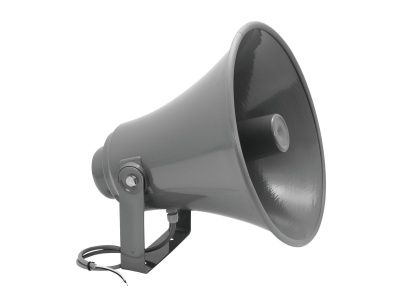 Megafone industrial cinzento com suporte metálico e cabo preto