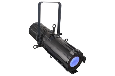 Projetor de luz preto tipo fresnel com lente azul e alça para transporte